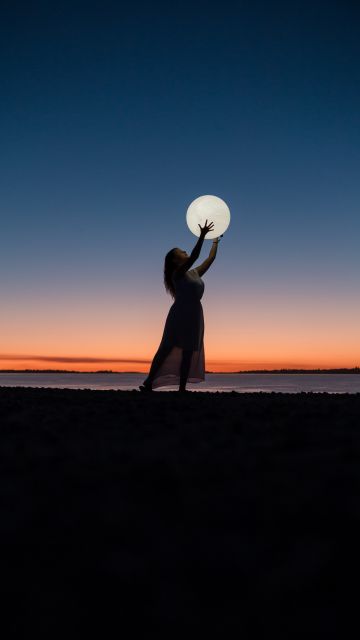 Girl, Woman, Moon, Beach, Sunset