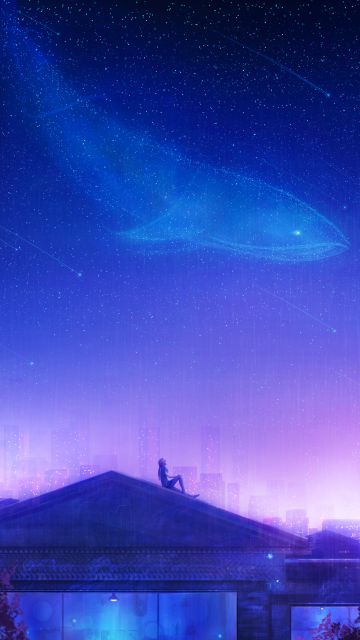 Girl, Rooftop, Looking up at Sky, House, House, Dream, Whale, Starry sky, Night, Cold, Purple