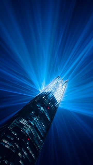 Skyscraper, Illuminated, Light beam, Look up, Modern architecture, Building, Night, Light show, Blue, 5K, 8K