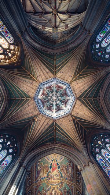 Ely Cathedral, Ancient architecture, Cathedral, Dome, Stained glass, United Kingdom, Indoor, Ceiling, Lights, Patterns, 5K, 8K