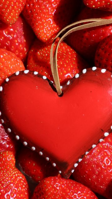 Red heart, Strawberries, Fruits, Fresh, Red background, 5K