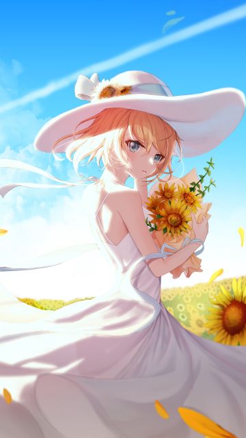 Anime girl, Sunflowers, Sunny day, 5K