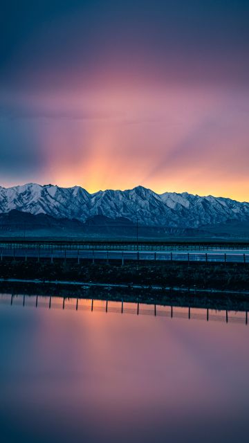 Snow mountains, Landscape, Sunrise, Salt Lake City, Water, Reflection, Scenery, Reflection, Mountain range, Clear sky, 5K