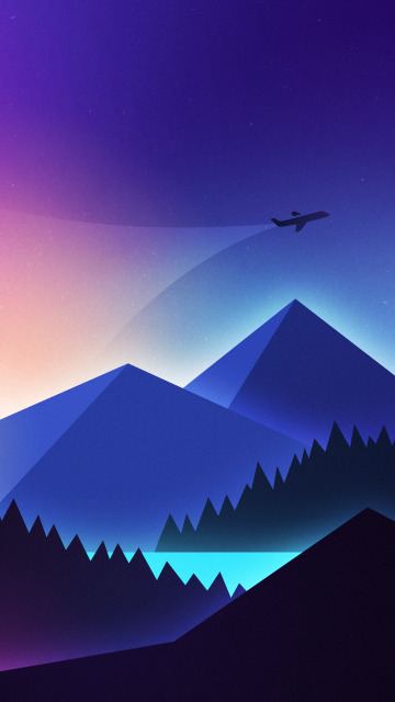 Mountains, Illustration, Flight, Night, Sunset, Gradient background