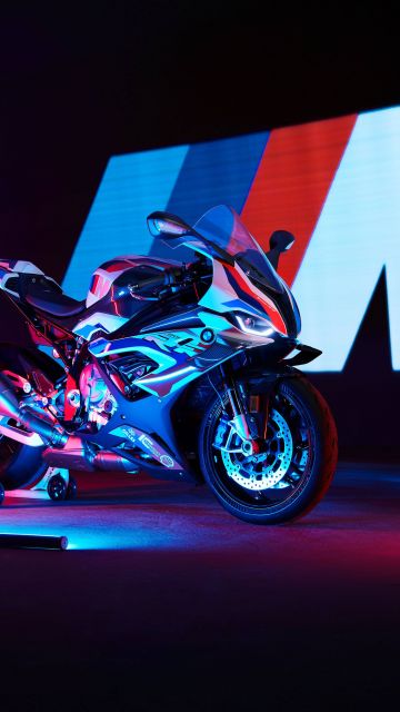 BMW M 1000 RR, Neon, Race bikes, 2021, 5K, Dark background, Dark aesthetic