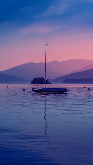 Windemere lake, Boat, Bowness Bay, Dawn, Body of Water, Evening, Mountains, Colorful Sky, 5K
