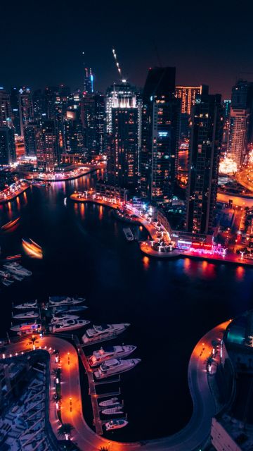 Dubai Marina, United Arab Emirates, Boats, Cityscape, Modern architecture, Night time, City lights, Aerial view, 5K