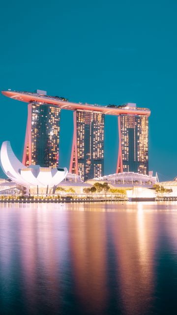 Marina Bay Sands, Reflection, Hotel, Singapore, Blue hour, Night life, City lights, Body of Water, Modern architecture, Cityscape, Blue Sky, 5K
