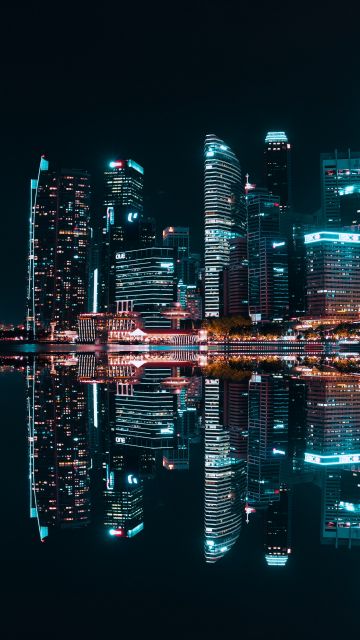 Singapore City, Skyscrapers, Modern architecture, Night life, City lights, Reflection, Symmetrical, Buildings, Body of Water, 5K
