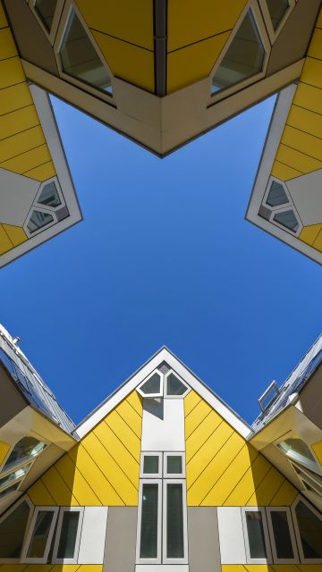 Cube Buildings, Rotterdam, Netherlands, Yellow, Geometrical, Symmetry, Blue Sky, Look up
