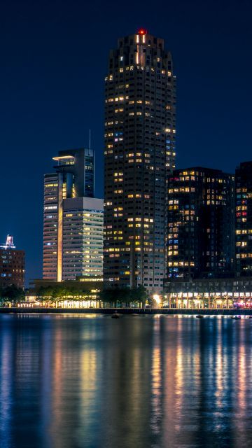 City Skyline, Rotterdam, Netherlands, Nightscape, Cityscape, Body of Water, Reflection, Night lights, Skyscrapers, Modern architecture, Blue hour