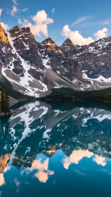 Moraine Lake, 8K, Canada, Reflection, Sunset, Water, Landscape, Mountain Peaks, Snow, Scenic, Clouds, 5K