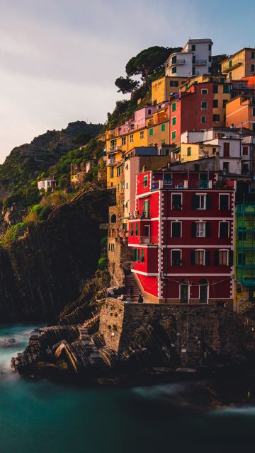 Riomaggiore, Villiage, Sunset, Cliff, Ocean, Rocky coast, Italy, 5K