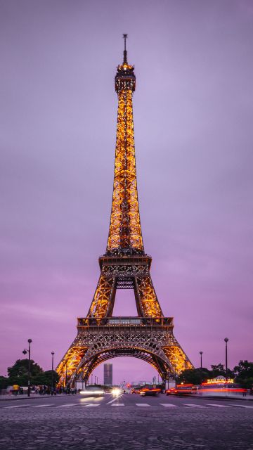 Eiffel Tower, Aesthetic, Paris, France, Evening, Purple sky, Lights, Iconic