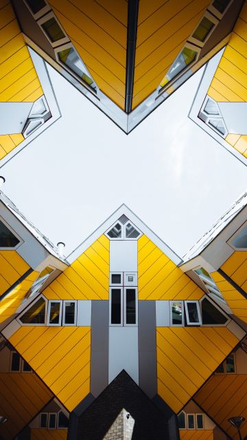 Cube houses, Rotterdam, Netherlands, Yellow, Grey, Geometrical, Symmetry, Skylight, Pattern, 5K