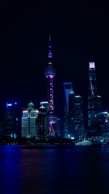 Shanghai City, China, Cityscape, Body of Water, Reflection, Night time, City lights, Skyscrapers, Dark background, 5K