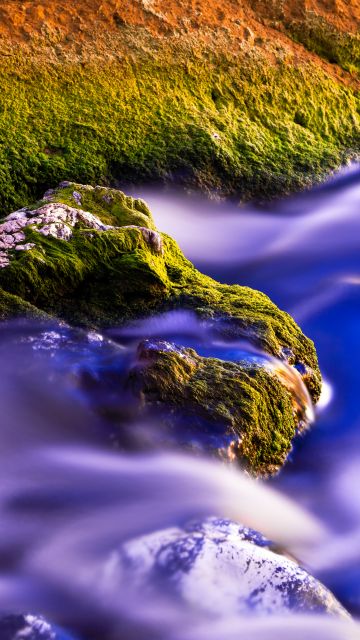 Green Moss, Water Stream, Long exposure, Rock, Purple, 5K