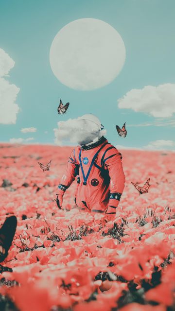 Astronaut, 5K, Surreal, NASA, Flower garden, Butterflies, Moon, Clouds, Space suit
