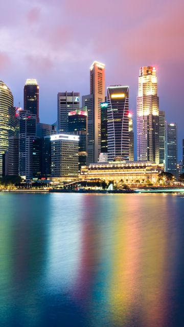 Singapore, Cityscape, Buildings, Skyscrapers, Reflection, Body of Water, Night, City lights, Skyline, Colorful, 5K