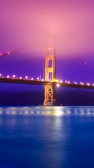 Golden Gate Bridge, 5K, San Francisco, California, Scenic, Pink sky, Blue, Body of Water, Pacific Ocean, Night lights, Reflection, Aesthetic