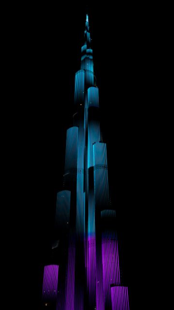 Burj Khalifa, Night illumination, Night lights, Light show, Dark background, 5K, 8K, AMOLED, Dark aesthetic
