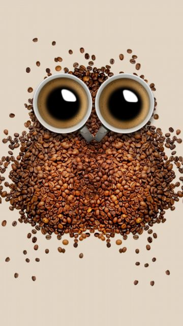 Coffee beans, Owl, Coffee cup, Brown background, Drinks, Caffeine, Beautiful, 5K, 8K, Pastel background, Pastel brown, Brown aesthetic
