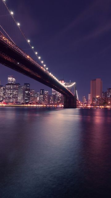 Brooklyn Bridge, United States, New York, Body of Water, Cityscape, Night time, City lights, Reflection, Skyscrapers, City Skyline