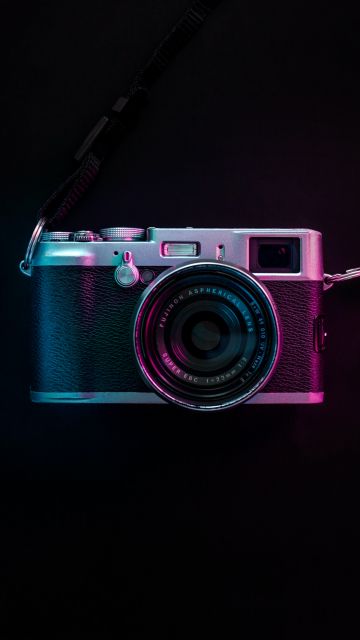 Vintage Camera, Fujifilm, Black background, Purple light, SLR Camera, 5K, AMOLED