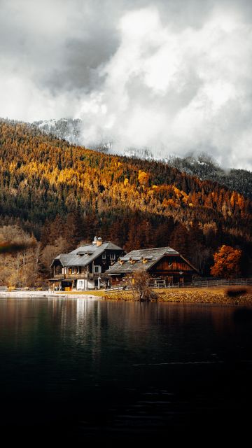 Wooden House, Lakeside, Autumn trees, Countryside, Mountain, Foggy, Glacier, Water, Landscape, 5K