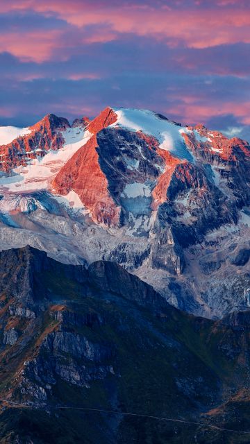Marmolada Glacier, Italy, Mountain range, Snow covered, Landscape, Peaks, Tourist attraction, Aerial view, 5K, 8K