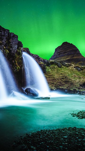 Kirkjufell, Aurora Borealis, Northern Lights, Iceland, Mountain, Waterfalls, Landscape, Water Stream, Long exposure, Dusk, Green Sky, Scenery, 5K
