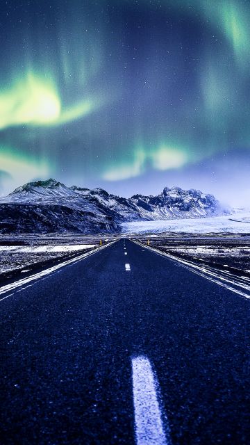 Aurora Borealis, Road, Mountains, Snow covered, Glacier, Landscape, Starry sky, Beautiful, Iceland, 5K