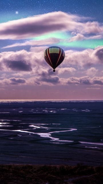 Hot air balloon, Aurora Borealis, Northern Lights, Clouds, Landscape, Dusk, Starry sky, 5K