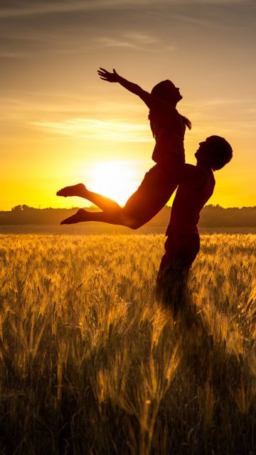 Couple, Together, Silhouette, Sunset, Romantic, Evening, Clear sky, Field, Lifting, 5K