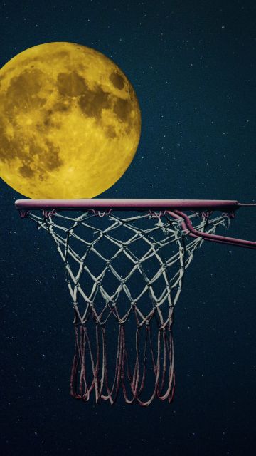 Full moon, Basketball ring, Night sky, Illustration, Dark background, Stars