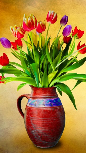 Flower vase, Tulip flowers, Multicolor, Colorful, Green leaves, Bouquet, Decoration