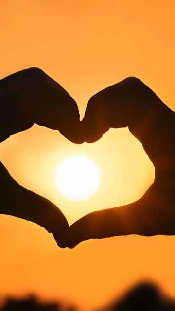 Sunset, Silhouette, Heart shape, Hands together, Valentine's Day, Sunburst Gold, Orange background, February