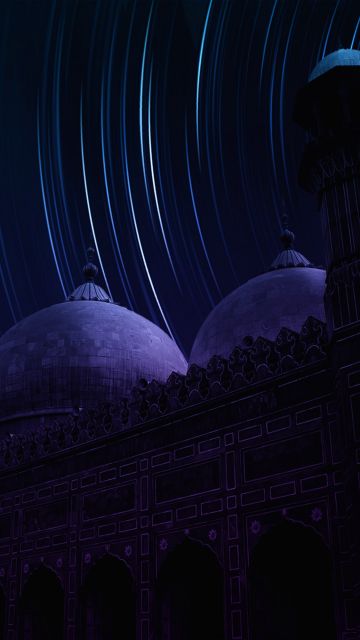 Badshahi Mosque, Lahore, Pakistan, Star Trails, Dark background, Night time, Neon colors, Dome, Ancient architecture, Long exposure, Timelapse, Dark aesthetic, Islamic, Arab, Spiritual