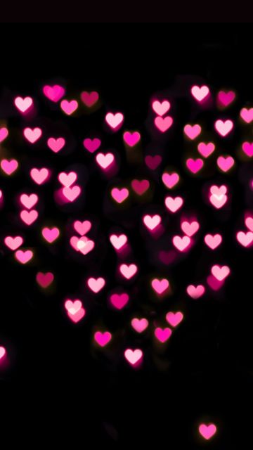 Pink hearts, Black background, Bokeh, Glowing lights, Vibrant, Blurred, Heart shape, Valentine's Day, Love heart, 5K, Dark aesthetic, February