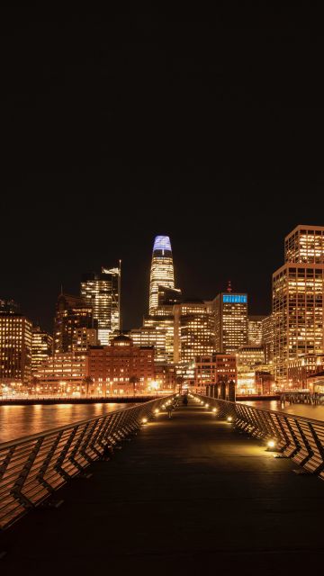 San Francisco City, Cityscape, Black background, Night time, City lights, Skyscrapers, Waterfront, Pier