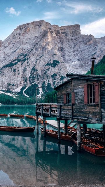 Lake Braies, Italy, Wooden House, Boats, Mountains, Glacier, Snow, Body of Water, Reflection, Landscape, Scenery, Travel, 5K