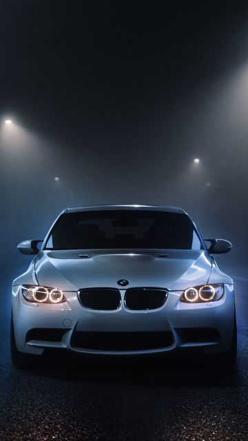 BMW M3, White cars, Dark background, Night time, Street lights, Foggy night, Automobile, 5K