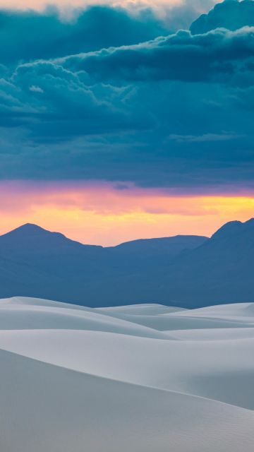 White Sands, Mountain range, Cloudy Sky, Sunset Orange, Silhouette, Landscape, USA, Desert, Soil, 5K