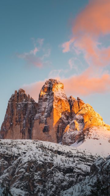 Tre Cime di Lavaredo, Italy, Mountain range, Rock formations, Snow covered, Glacier, Landscape, Mountain View, Peaks, Alps, Golden hour, Sunset, Scenery, 5K, 8K