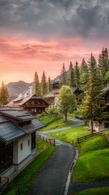Wooden House, Sunrise, Landscape, Sonnleitn village, Southern Carinthia, Austria, Morning sun, Green Trees, Greenery, Cloudy, Scenery, 5K, 8K