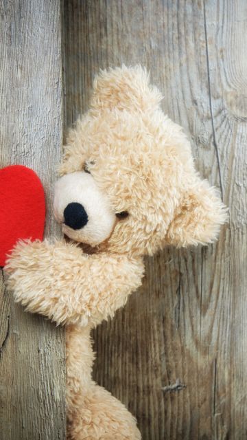 Teddy bear, Red heart, Wooden background, Soft toy, Stuffed, Valentine's Day, Fur, Kids toys, Fluffy Bear, Emotions, Cute toy, 5K