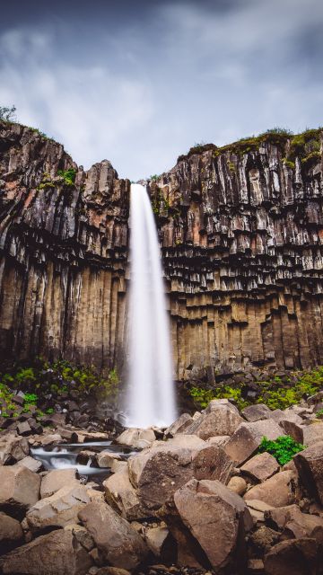 Svartifoss waterfall, Iceland, Vatnajökull National Park, Lava columns, Rocks, Cliff, 5K