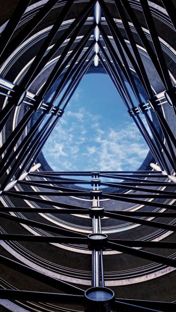 Multistorey car park, Looking up at Sky, Symmetrical, Pattern, Blue Sky, Circular, Structure, 5K