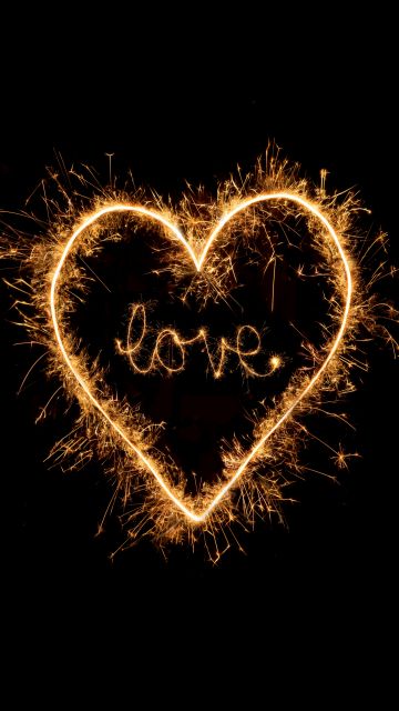 Love heart, Sparkles, Night, Black background, Letters, 5K