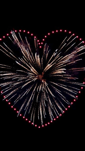 Love heart, Fireworks, Sparkles, Night, Black background, 5K, 8K